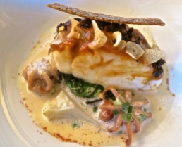 Sea Bass With Garlic Chips, Small Squids And Bouillabaisse In Basis Sauce